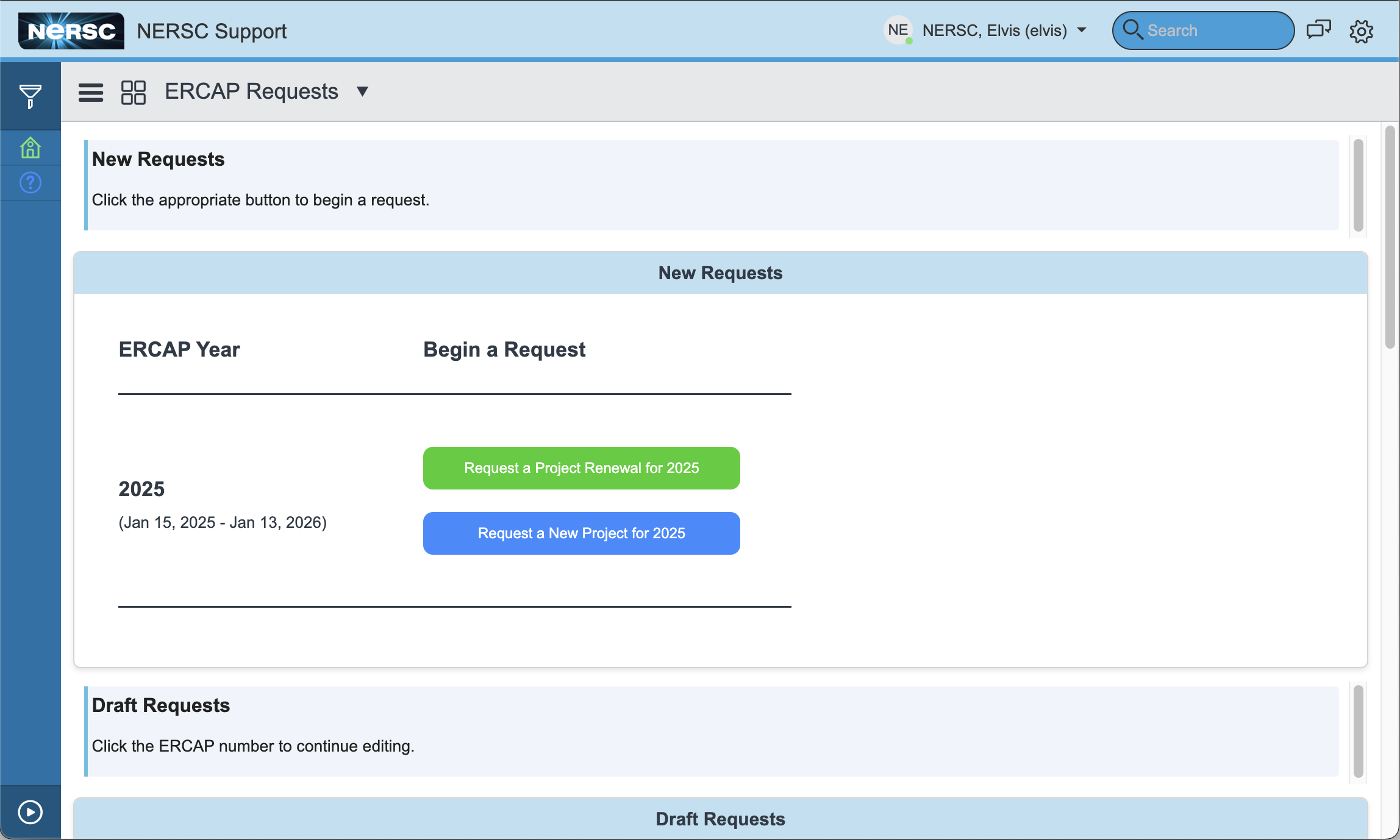ERCAP requests dashboard