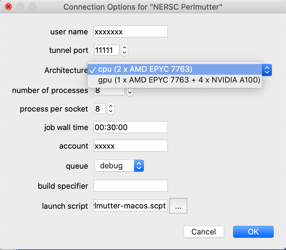 ParaView server configuration dialog with labels on left and controls
on right. Tunnel port is 11117