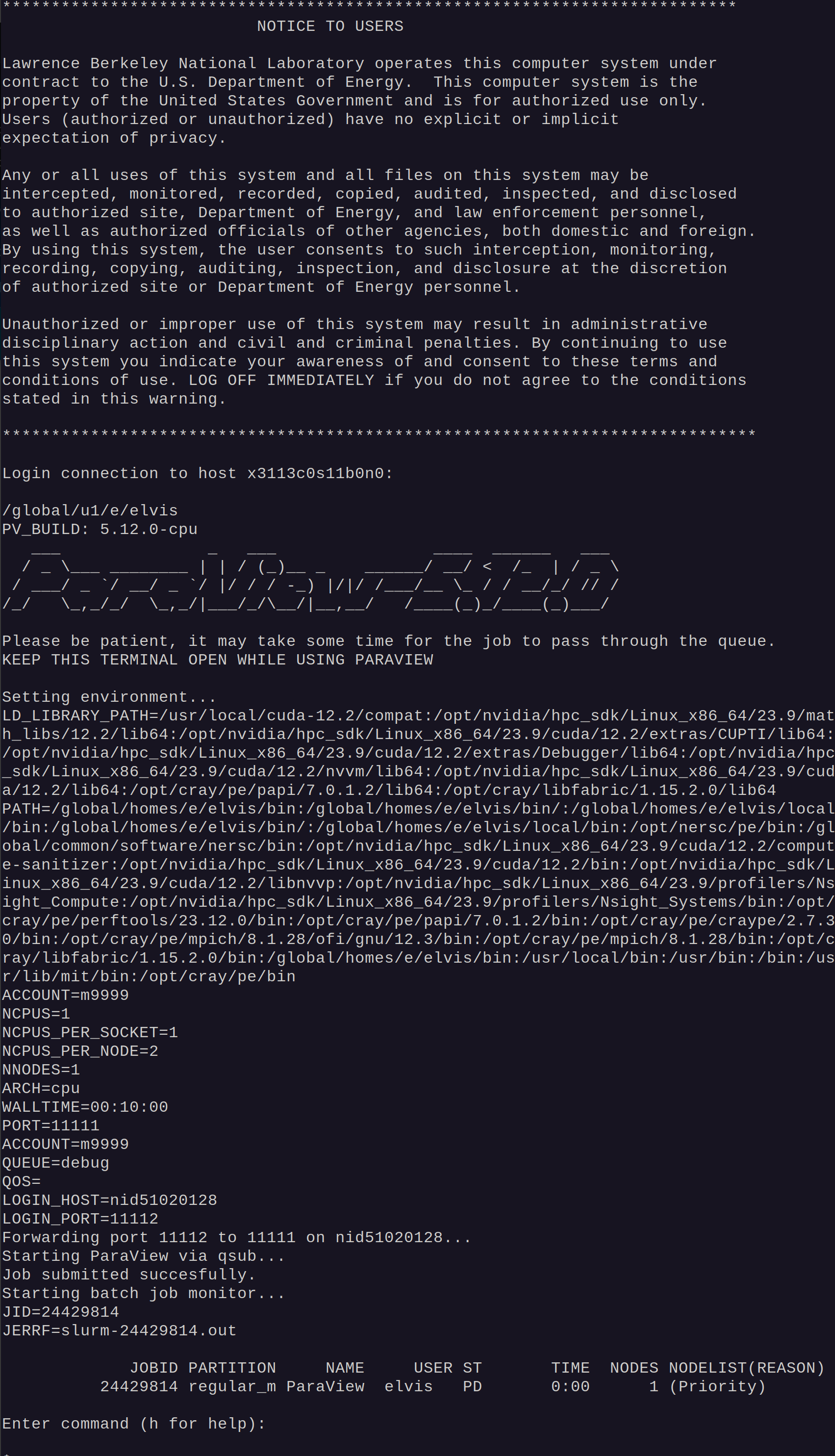 Terminal session with ParaView ascii art, last line is "Press: u to
 print job status or q to quit."