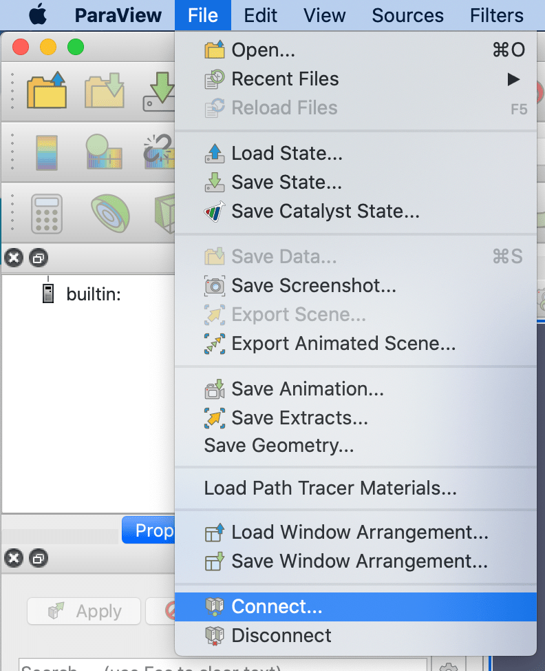ParaView main window with File menu in upper left