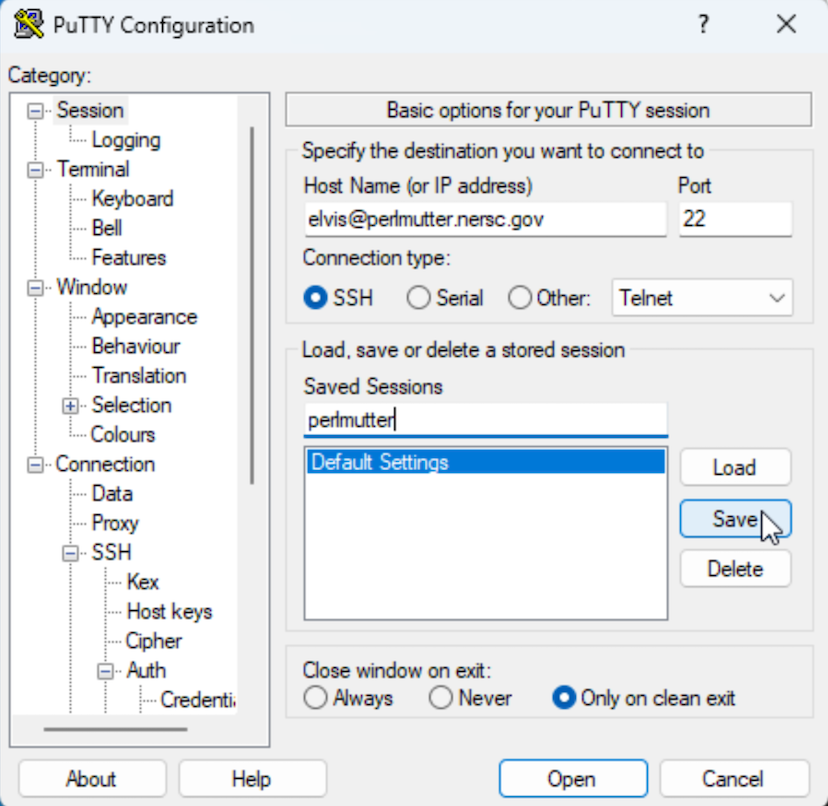 Screenshot of PuTTy configuration
