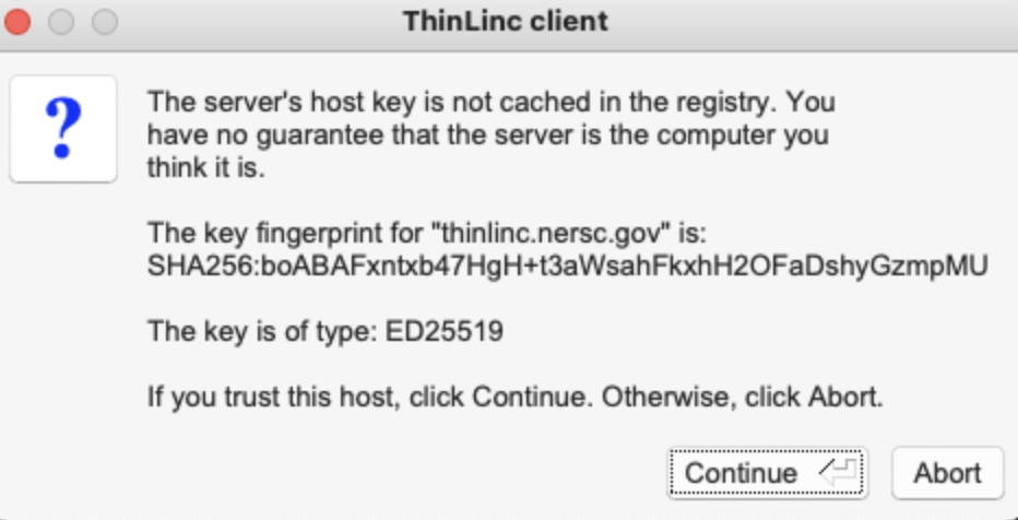 Window displaying ssk key fingerprint for ThinLinc server