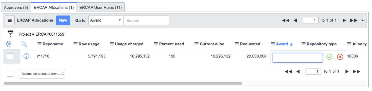 DOE Allocation Award entry box