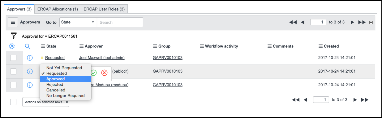 DOE Approvers tab approval