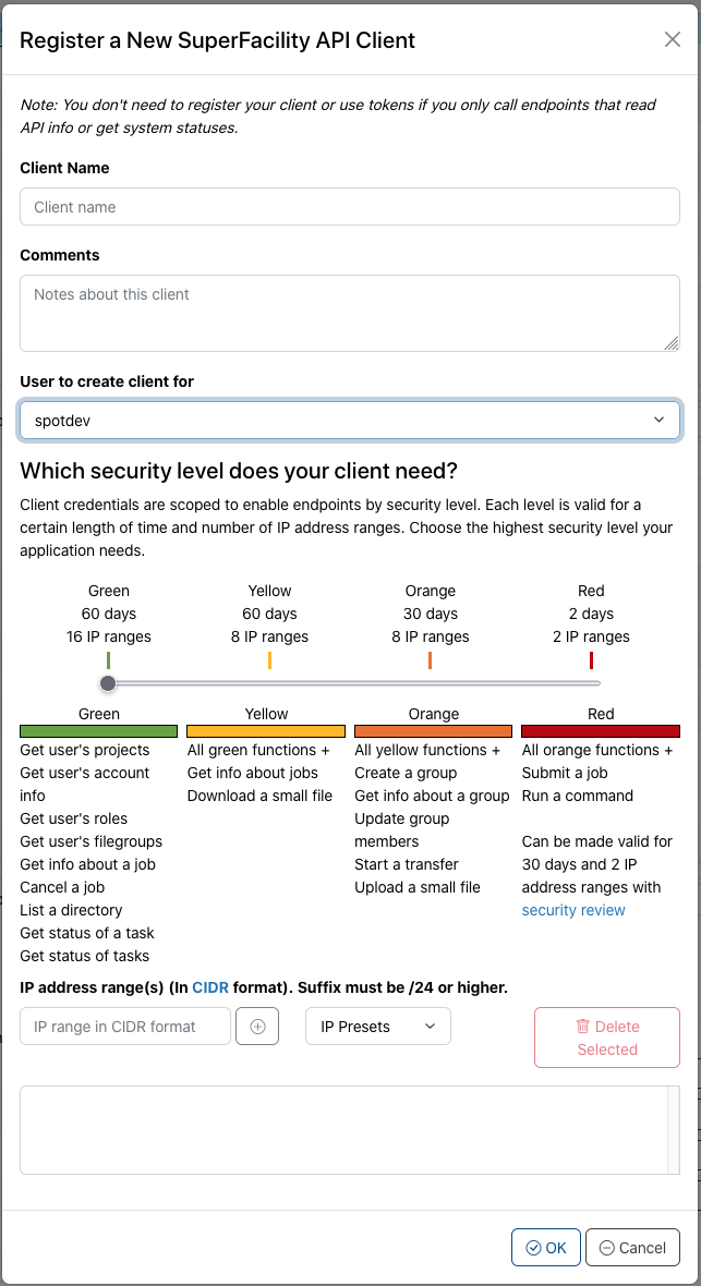 Screenshot of SFAPI client creation window in Iris